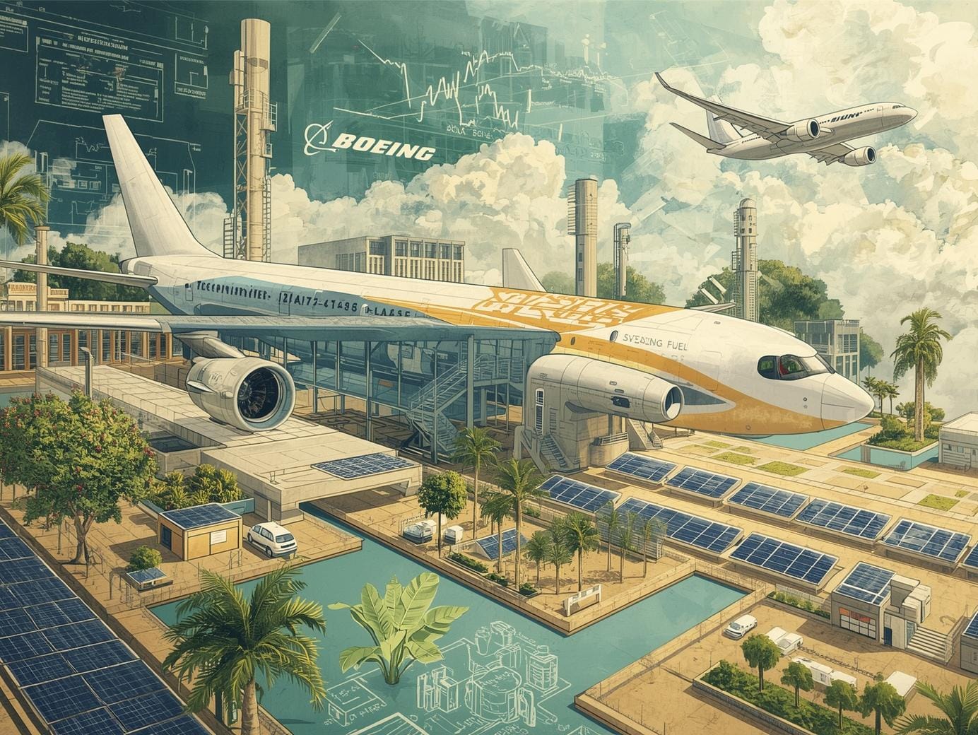 Самолет на търговска авиокомпания на летище по време на наземно обслужване, илюстриращ прехода към устойчиво авиационно гориво и декарбонизация на авиацията.